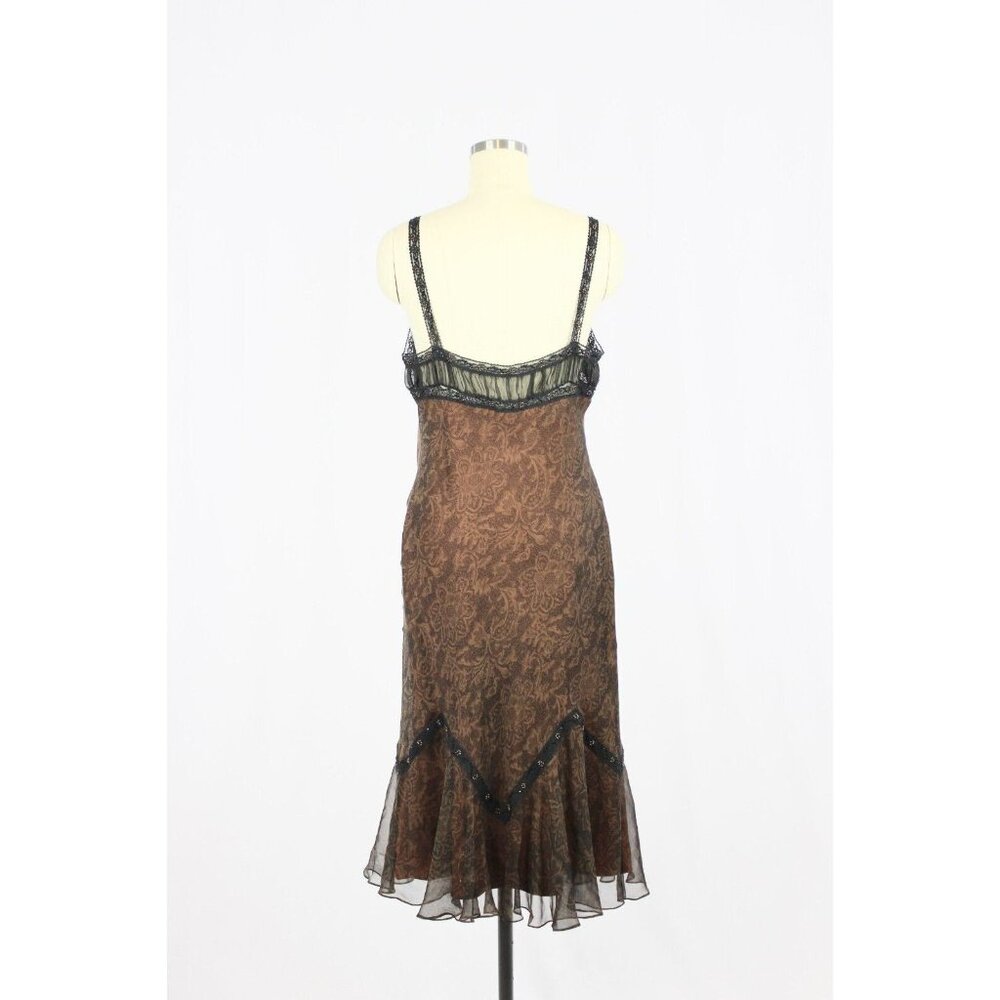 Vintage LAUNDRY BY SHELLI SEGAL Brown Lace Print Silk Beaded Slip Dress, Size 10 - Picture 3 of 12
